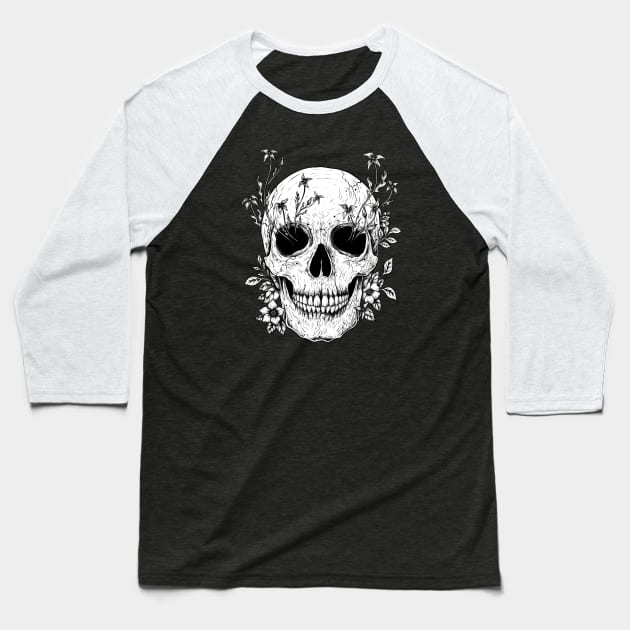 Flowers on Skull Baseball T-Shirt by Episodic Drawing